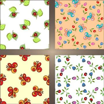 Set of four seamless backgrounds. With flowers and insects Stock Illustration