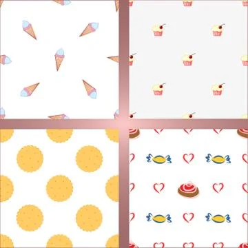 Set of four seamless backgrounds. Ice cream, cake, cracker and candy Stock Illustration
