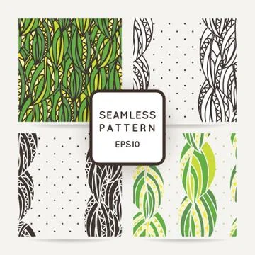 Set of four seamless decorative patterns with zentangle leaves. イラスト素材