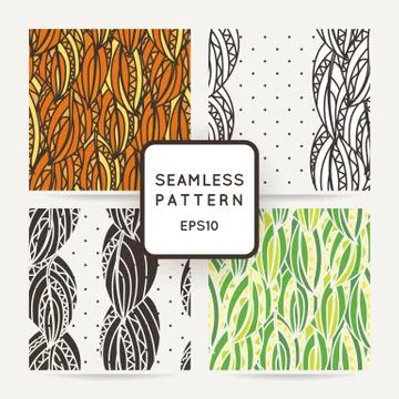 Set of four seamless decorative patterns with zentangle leaves. イラスト素材