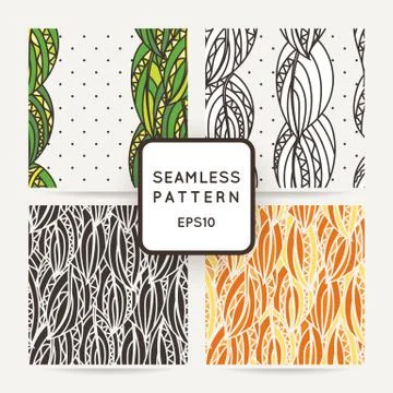 Set of four seamless decorative patterns with zentangle leaves. イラスト素材