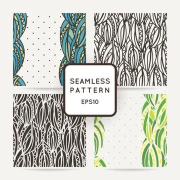 Set of four seamless decorative patterns with zentangle leaves. イラスト素材