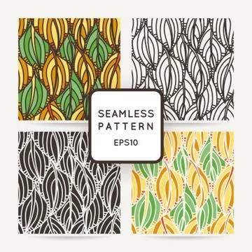 Set of four seamless decorative patterns with zentangle leaves. イラスト素材