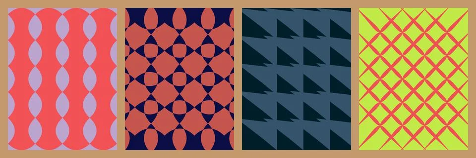 Set of four seamless geometric patterns with abstract shapes and vibrant colo Stock Illustration