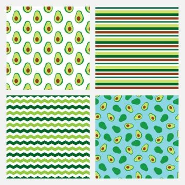 Set of four seamless pattern with avocado and stripes Stock Illustration