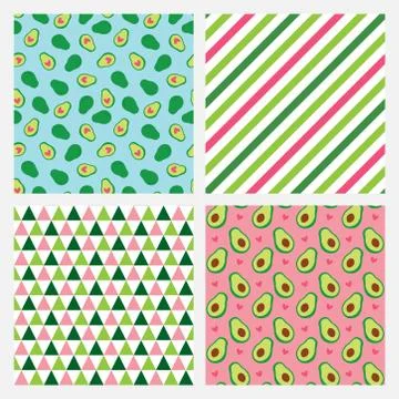 Set of four seamless pattern with avocado, stripes and triangles Stock Illustration