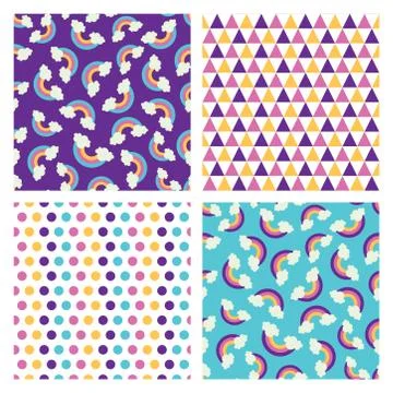 Set of four seamless pattern with rainbows and geometric shapes Stock Illustration