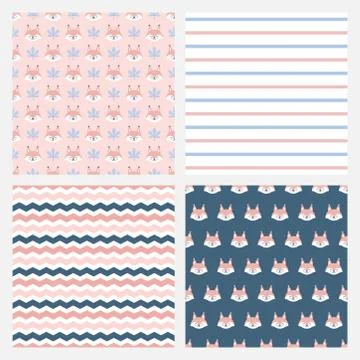 Set of four seamless pattern with squirrel heads, chevron and stripes Stock Illustration