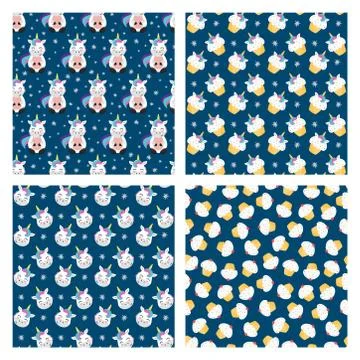 Set of four seamless pattern with unicorns and cupcakes Stock Illustration