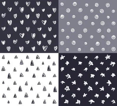 Set of the four seamless patterns with abstract ink hand drawn elements 스톡 일러스트