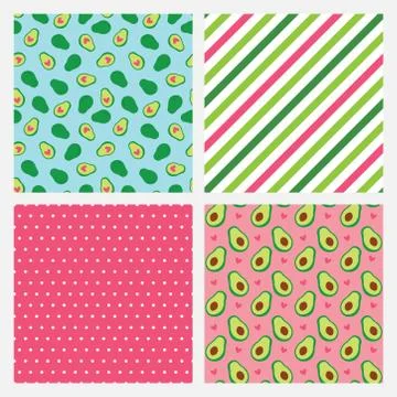 Set of four seamless patterns with avocadoes, hearts, stripes and dots Stock Illustration