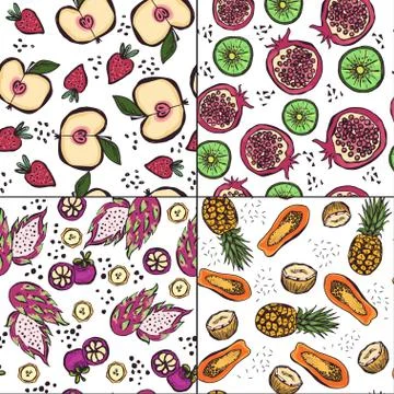 Set of four seamless patterns with bright doodle style fruits Stock Illustration