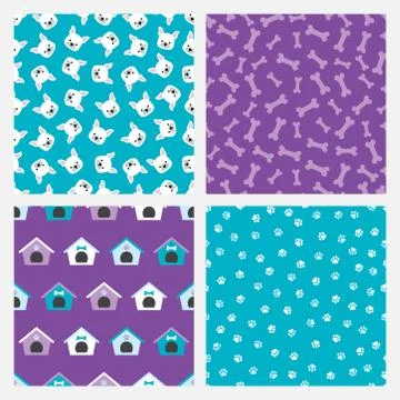 Set of four seamless patterns with dog heads, paws, bones and dog houses Stock Illustration