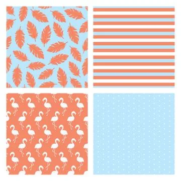 Set of four seamless patterns with flamingo birds, feathers, stripes and dots Stock Illustration