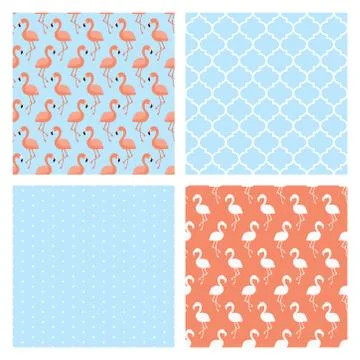 Set of four seamless patterns with flamingo birds and feathers Stock Illustration