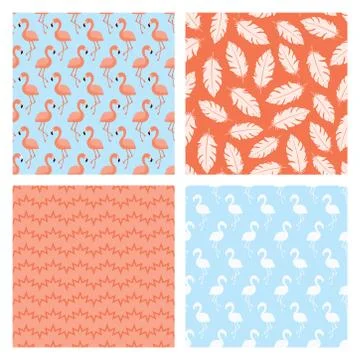 Set of four seamless patterns with flamingo birds and feathers Stock Illustration