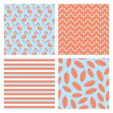 Set of four seamless patterns with flamingo birds, pink feathers and stripes Stock Illustration