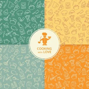 Set of four seamless patterns on the kitchen theme with a variety of kitchen Stock Illustration