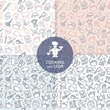 Set of four seamless patterns on the kitchen theme with a variety of kitchen Stock Illustration