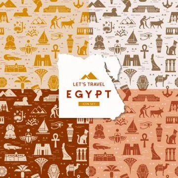 Set of four seamless patterns of symbols, landmarks, and signs of Egypt from Stock Illustration