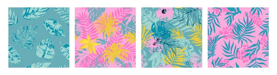 Set of four seamless patterns with tropical leaves, flowers and leopard print Stock Illustration