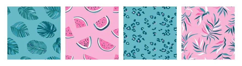 Set of four seamless patterns with watermelons , leaves , leopard print and palm Stock Illustration