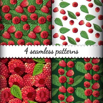 Set of four seamless summer patterns with ripe raspberries and leaves Stock Illustration