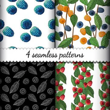 Set of four seamless summer patterns with ripe raspberries and leaves Stock Illustration