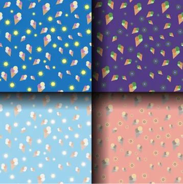 Set of four seamless sun patterns and ice cream. vector illustration Illustrazione stock