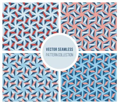 Set of Four Seamless Vector Blue Pink Geometric Triangle Hexagonal Patterns Illustrazione stock