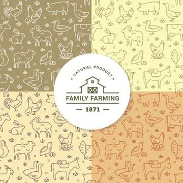 Set of four seamless vector patterns of farm animals, buildings, equipment and Stock Illustration