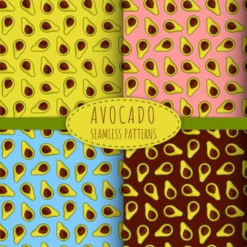 Set of four seamless vector patterns with avocado. For kitchen, printing on t Stock Illustration