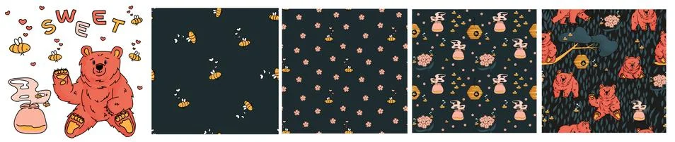 Set of four seamless vector patterns of outline bears that walks and sits, ho Stock Illustration