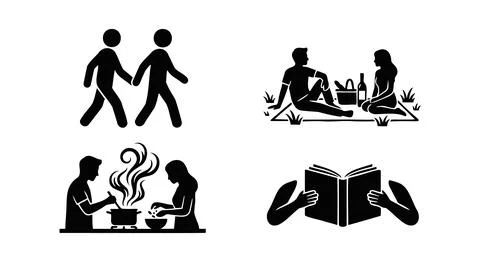 Set of four simple black and white vector icons representing friendship and leis 스톡 일러스트