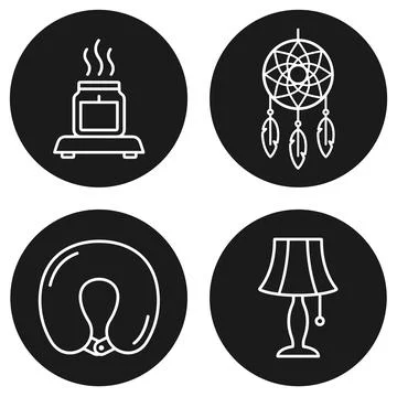 Set of four simple white line art icons on black circles: aromatherapy diff.. Stock Illustration