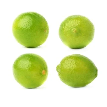 Set of four single limes in different compositions and foreshortenings, isolated Stock Photos