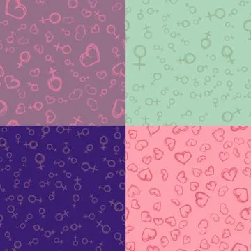 Set of four sketchy seamless patterns with hearts and venus mirrors Stock Illustration