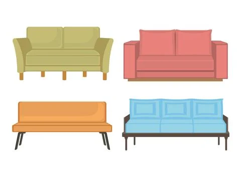 A set of four sofa/ couch with various style and colours. Isolated vector ill Stock Illustration