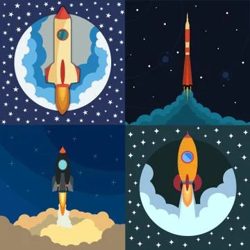 Set of four space rocket ship in round piece. Space rocket launch Stock Illustration