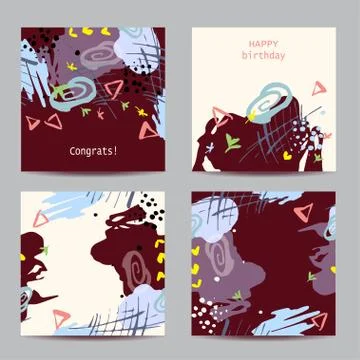 Set of four square artistic creative universal cards. Stylish abstract colorful Stock Illustration