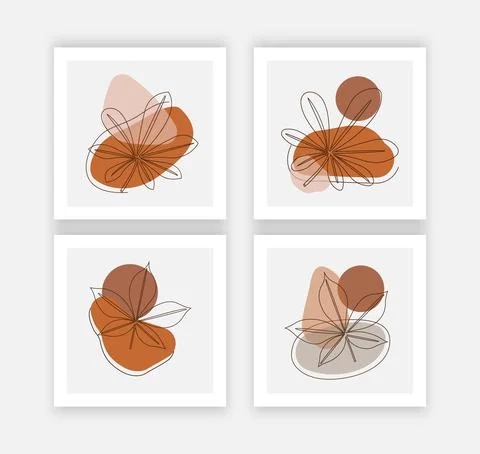 Set of four square card template. Universal trend posters with bright tropical Stock Illustration