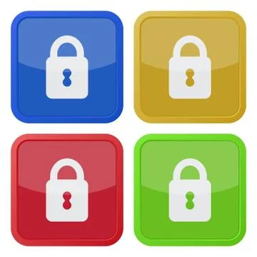 Set of four square icons with closed padlock Stock Illustration