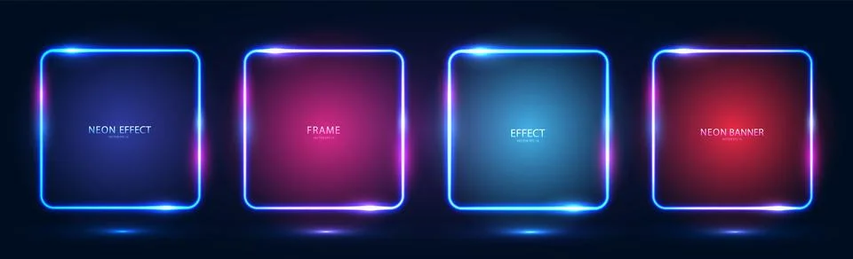 A set of four square neon frames with shining effects, highlights and Stock Illustration