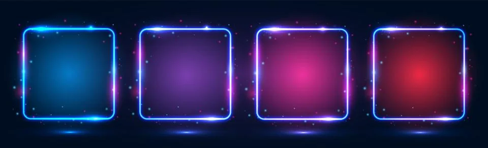 A set of four square neon frames with shining effects, highlights and Illustrazione stock