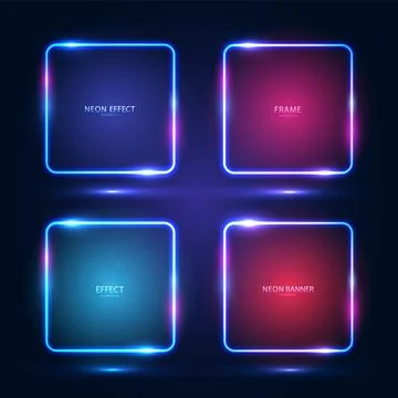 A set of four square neon frames with shining effects, highlights and Stock Illustration
