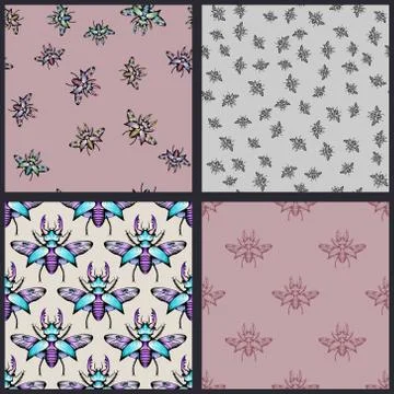 Set of four stag beetle seamless patterns Stock Illustration