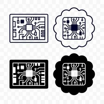 Set of four stylized circuit board icons with central processor chip Stock Illustration