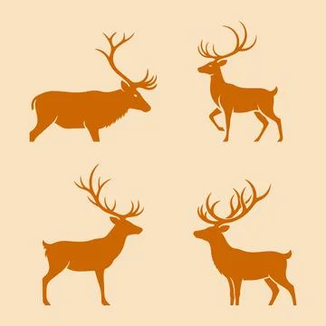 Set of four stylized deer and stag silhouettes in brown color Stock Illustration