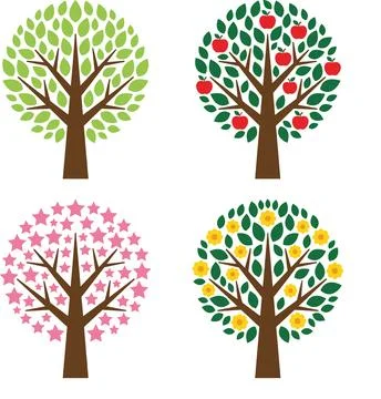 Set of Four Stylized Trees with Different Foliage and Fruits. Illustrazione stock