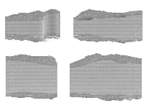 Set of four torn paper scraps rendered in black halftone dot pattern style. Illustrazione stock